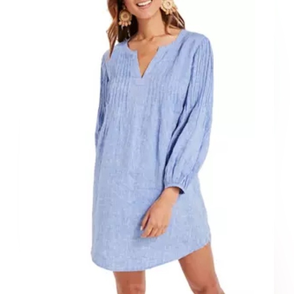 Vineyard Vines Blue Chambray Linen Blend Pintuck 3/4 Split Neck Cover Up Dress - Picture 1 of 12